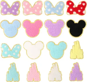 16 PCS Chenille Mouse Head Iron on Patches, CCOZN Colorful Chenille Castle Bowknot Mouse Embroidered Patches Sew On Embroidered Applique DIY Accessory for Clothing Hats Jackets Backpack Pants