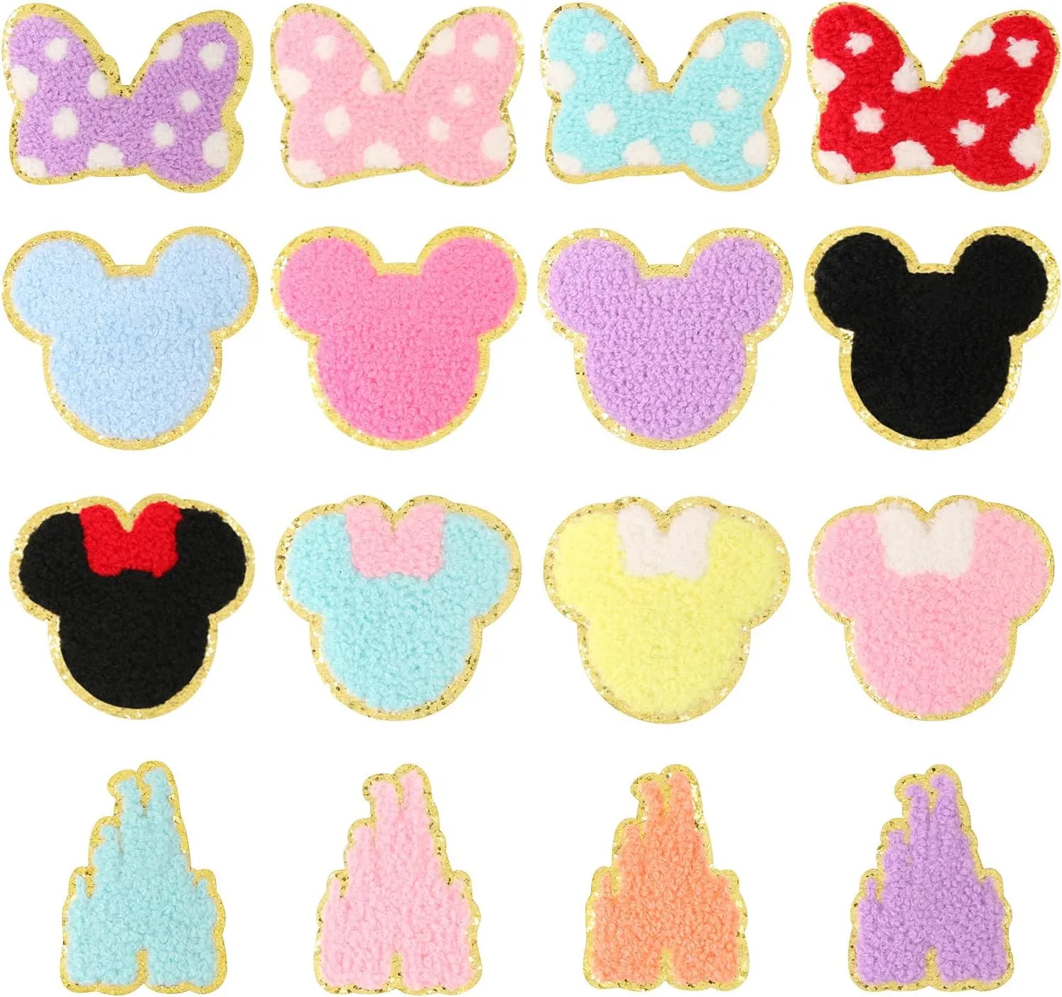 16 PCS Chenille Mouse Head Iron on Patches, CCOZN Colorful Chenille Mouse Castle Bowknot Embroidered Patches Sew On Embroidered Applique DIY Accessory for Clothing Hats Jackets Backpack Pants