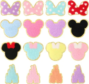 16 PCS Chenille Mouse Head Iron on Patches, CCOZN Colorful Chenille Mouse Castle Bowknot Embroidered Patches Sew On Embroidered Applique DIY Accessory for Clothing Hats Jackets Backpack Pants