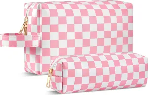 2Pcs Makeup Bag for Women, Large Checkered Cosmetic Bags with Small Makeup Brushes Bag Set, Cute Leather Make Up Organizer with Zipper, Travel Skincare Toiletry Storage Pouch for Teen Girls Gift(Pink)