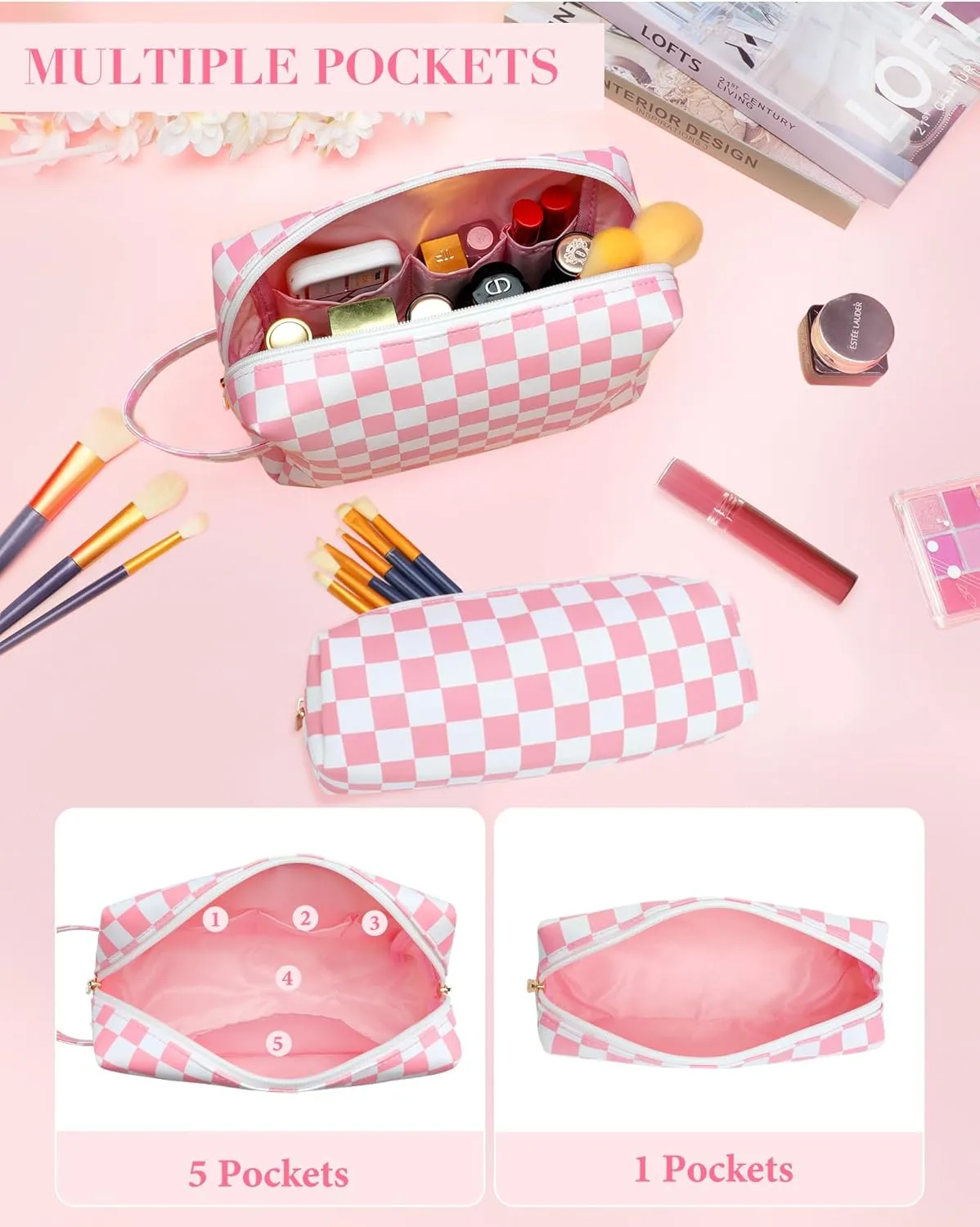 2Pcs Makeup Bag for Women, Large Checkered Cosmetic Bags with Small Makeup Brushes Bag Set, Cute Leather Make Up Organizer with Zipper, Travel Skincare Toiletry Storage Pouch for Teen Girls Gift(Pink)
