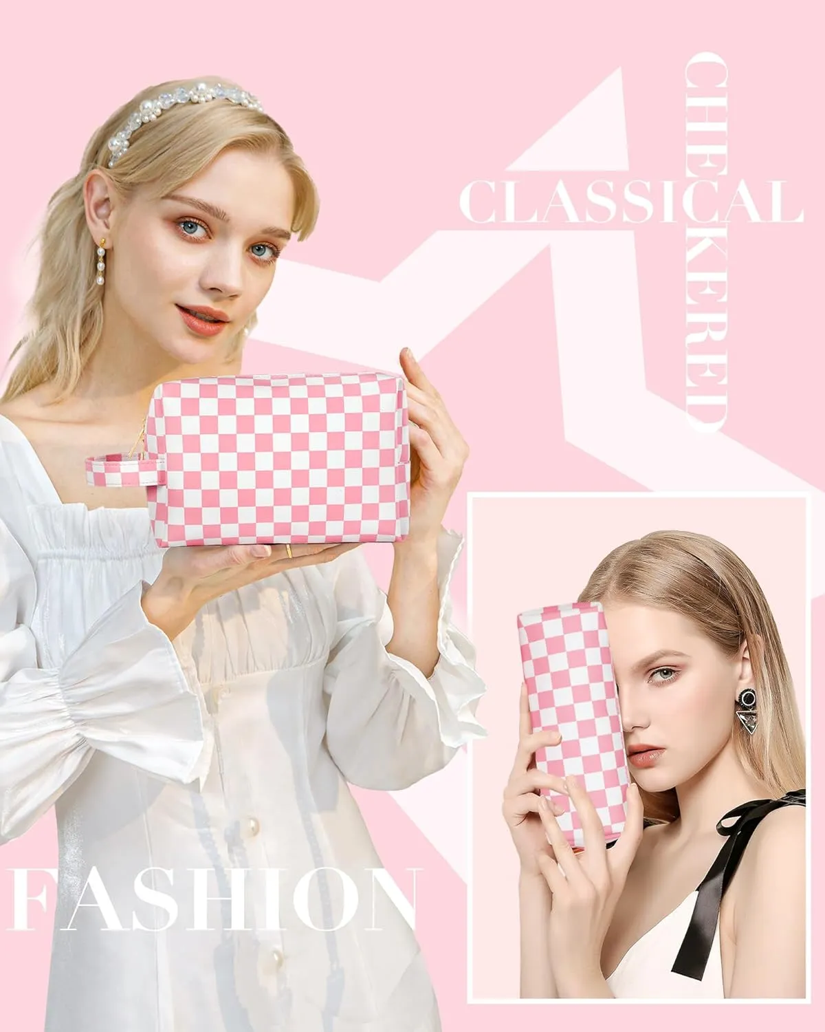 2Pcs Makeup Bag for Women, Large Checkered Cosmetic Bags with Small Makeup Brushes Bag Set, Cute Leather Make Up Organizer with Zipper, Travel Skincare Toiletry Storage Pouch for Teen Girls Gift(Pink)