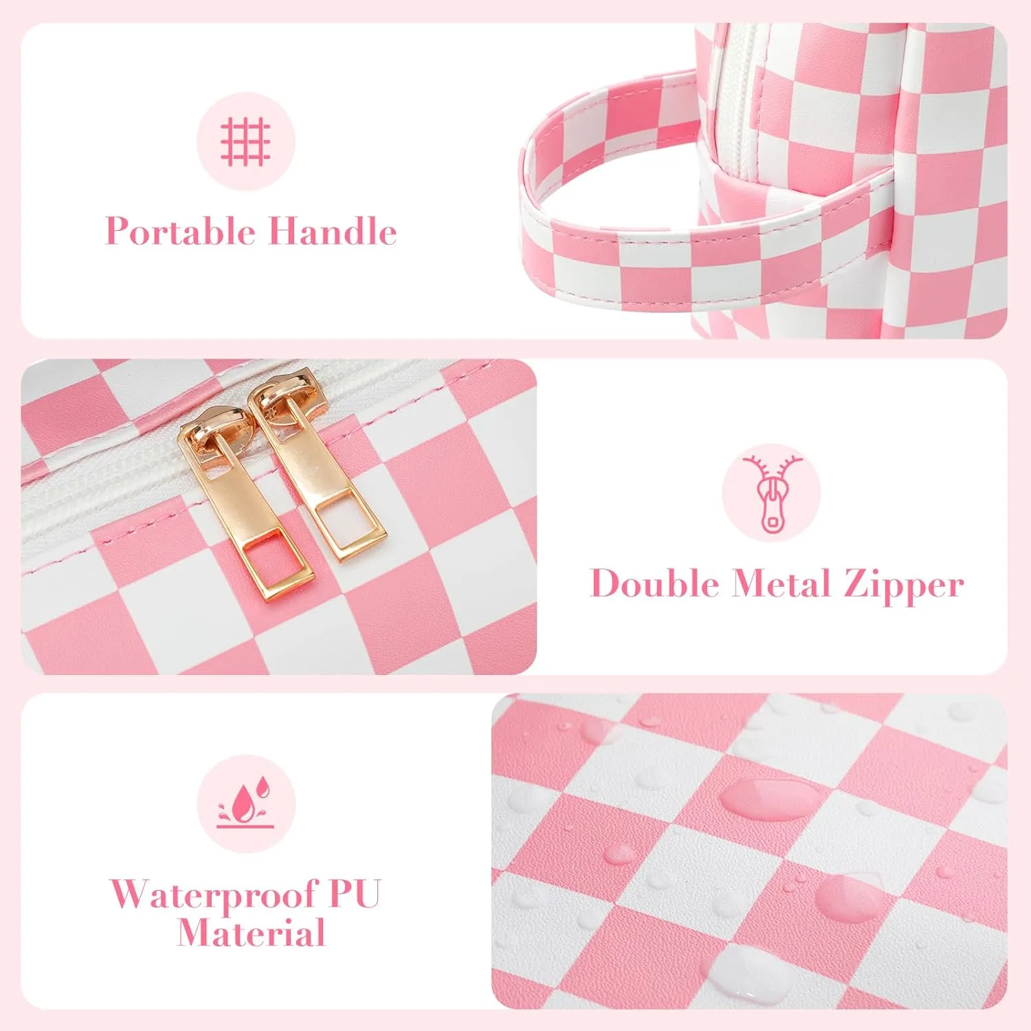 2Pcs Makeup Bag for Women, Large Checkered Cosmetic Bags with Small Makeup Brushes Bag Set, Cute Leather Make Up Organizer with Zipper, Travel Skincare Toiletry Storage Pouch for Teen Girls Gift(Pink)