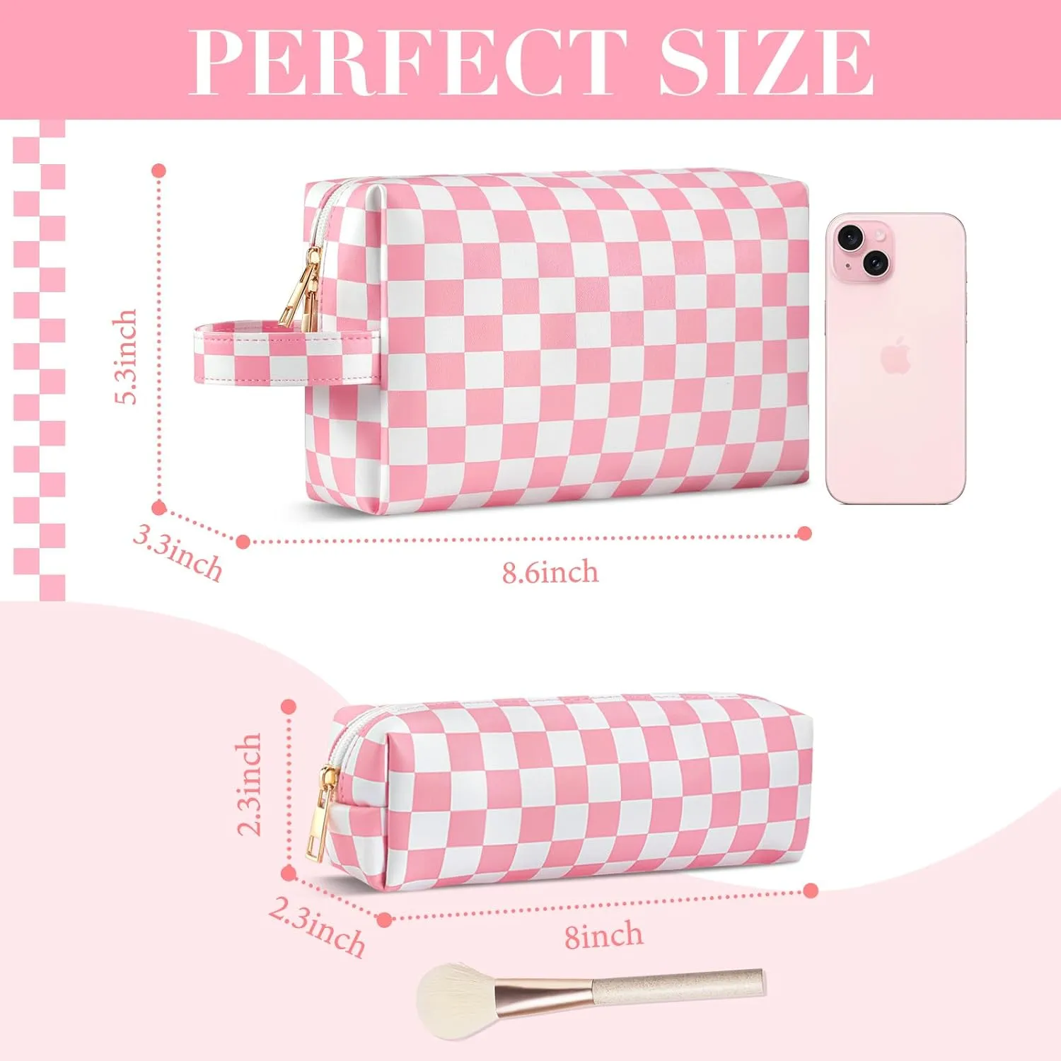 2Pcs Makeup Bag for Women, Large Checkered Cosmetic Bags with Small Makeup Brushes Bag Set, Cute Leather Make Up Organizer with Zipper, Travel Skincare Toiletry Storage Pouch for Teen Girls Gift(Pink)