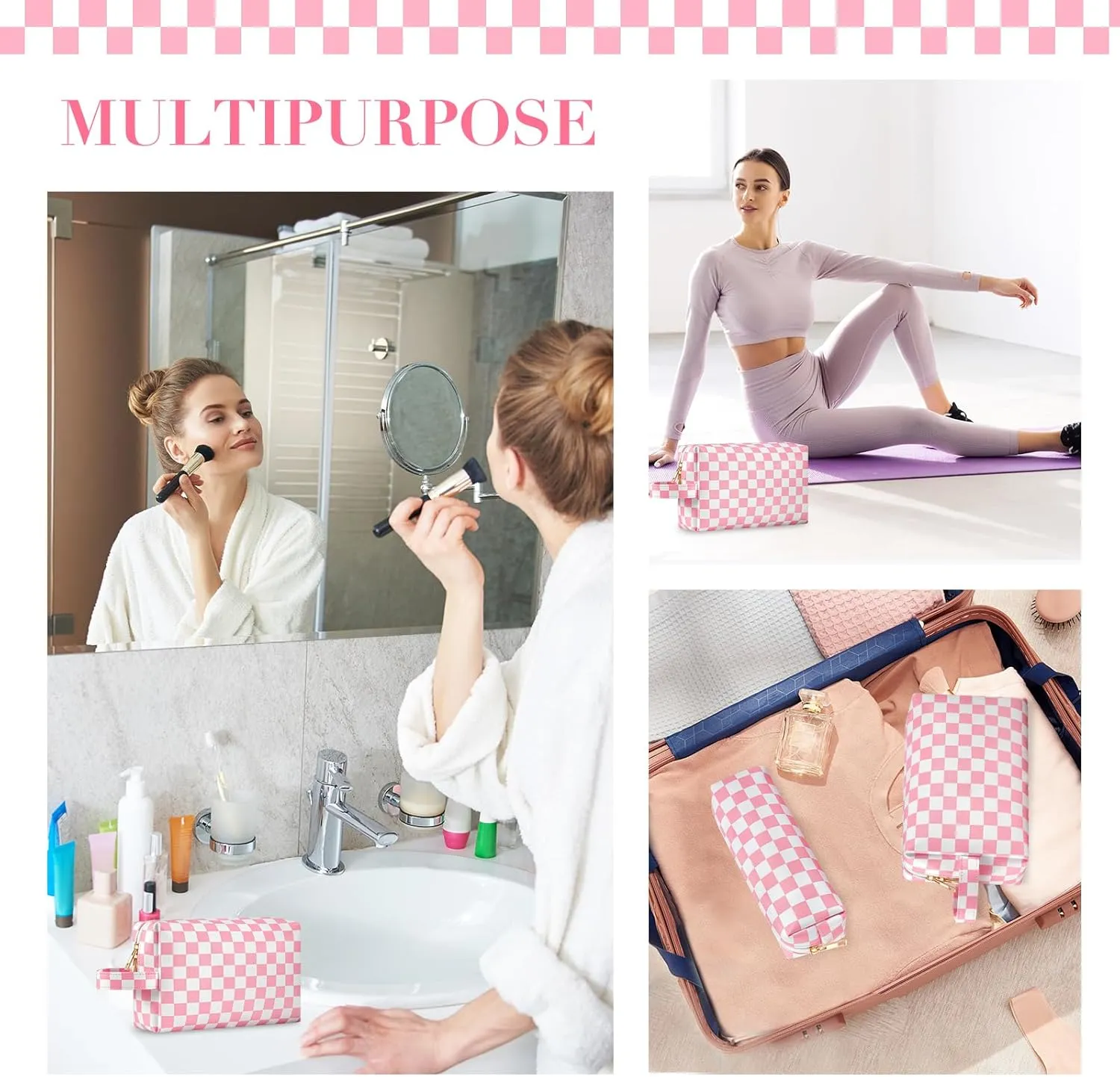 2Pcs Makeup Bag for Women, Large Checkered Cosmetic Bags with Small Makeup Brushes Bag Set, Cute Leather Make Up Orgnizer with Zipper, Travel Skincare Toiletry Storage Bag for Teens Girls Gifts(Black)