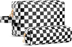 2Pcs Makeup Bag for Women, Large Checkered Cosmetic Bags with Small Makeup Brushes Bag Set, Cute Leather Make Up Orgnizer with Zipper, Travel Skincare Toiletry Storage Bag for Teens Girls Gifts(Black)