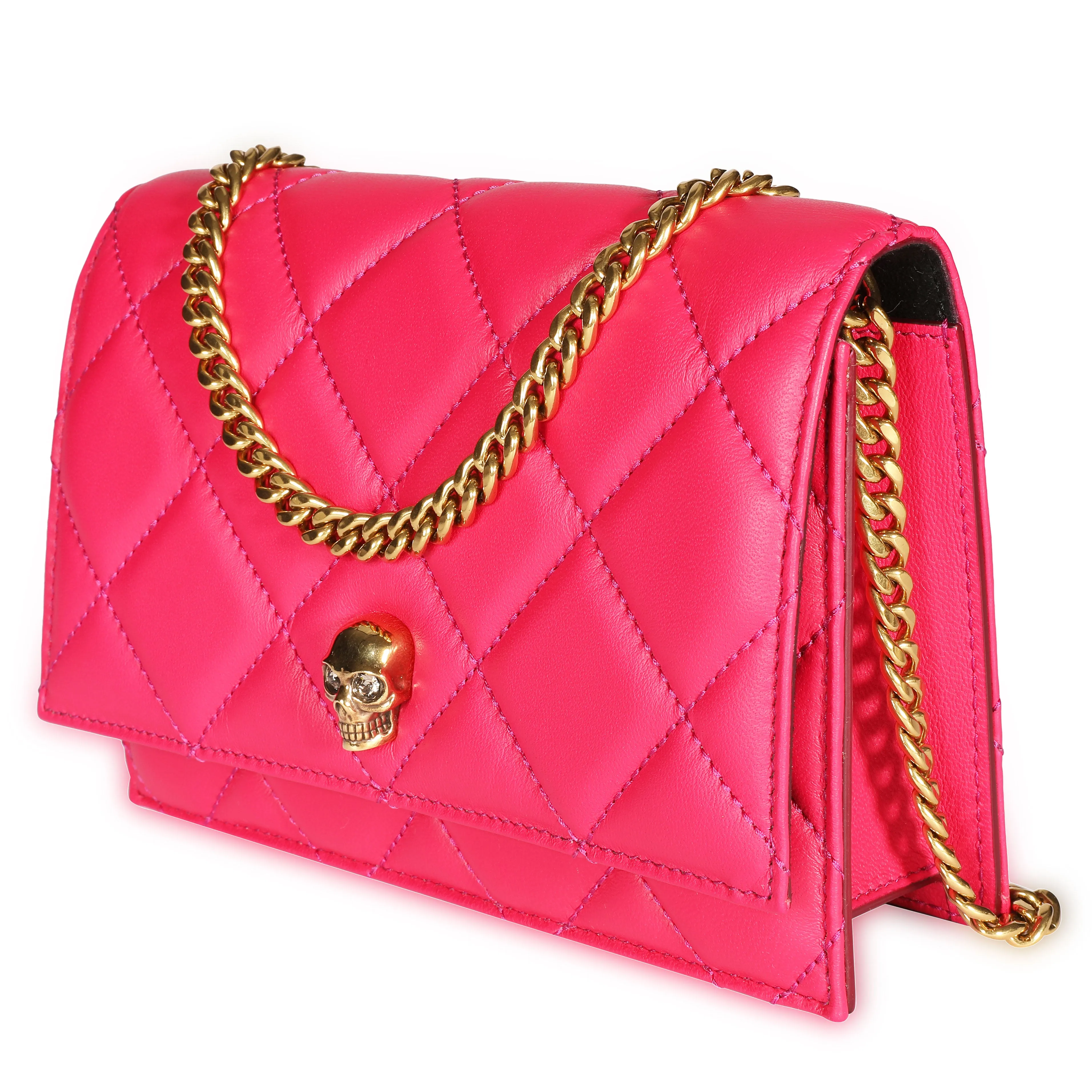 Alexander McQueen Hot Pink Quilted Leather Mini Skull Crossbody Bag