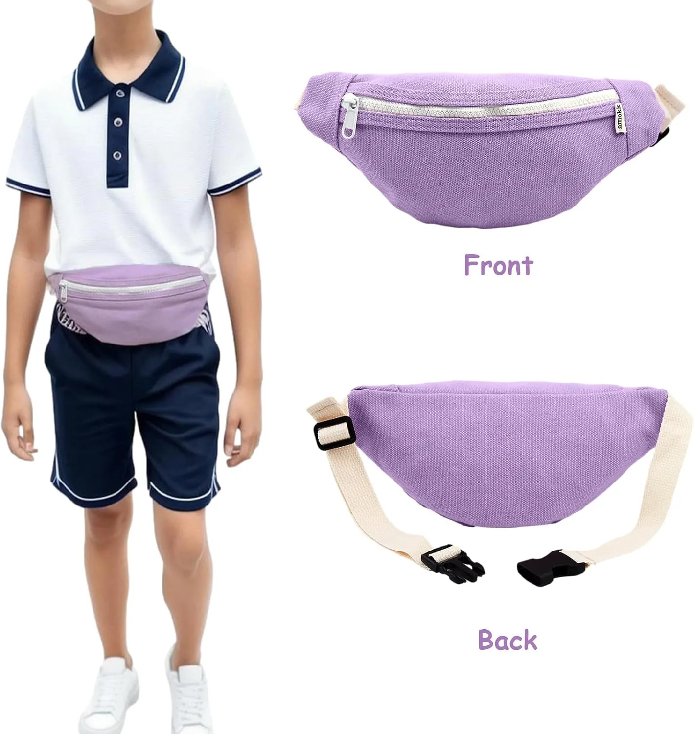 amokk Canvas Fanny Pack for Kids Crossbody Waist Bag for Unisex Toddler Boys Girls (Purple)