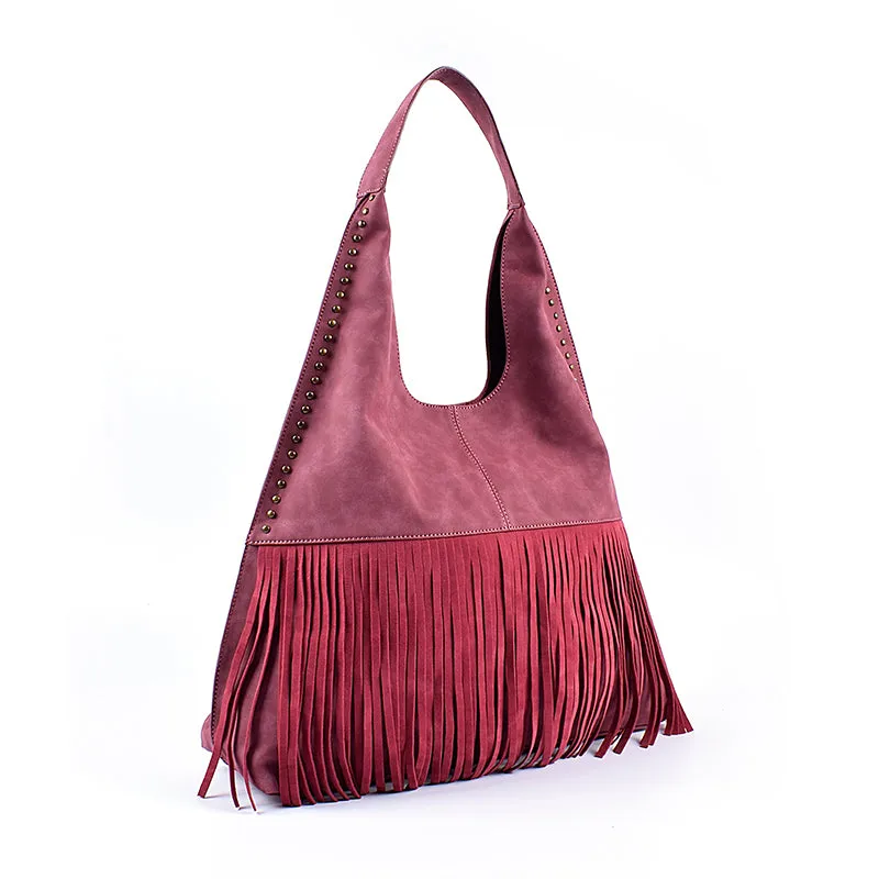 Boho Womens Fringe PU Leather Handbags Shoulder Purse for Women