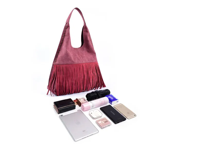 Boho Womens Fringe PU Leather Handbags Shoulder Purse for Women