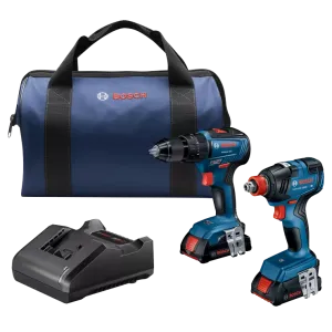 BOSCH 18V 2-Tool Combo Kit w/ 1/2 Hammer Drill/Driver & 2-IN-1 1/4" & 1/2" Bit/Socket Impact Driver/Wrench