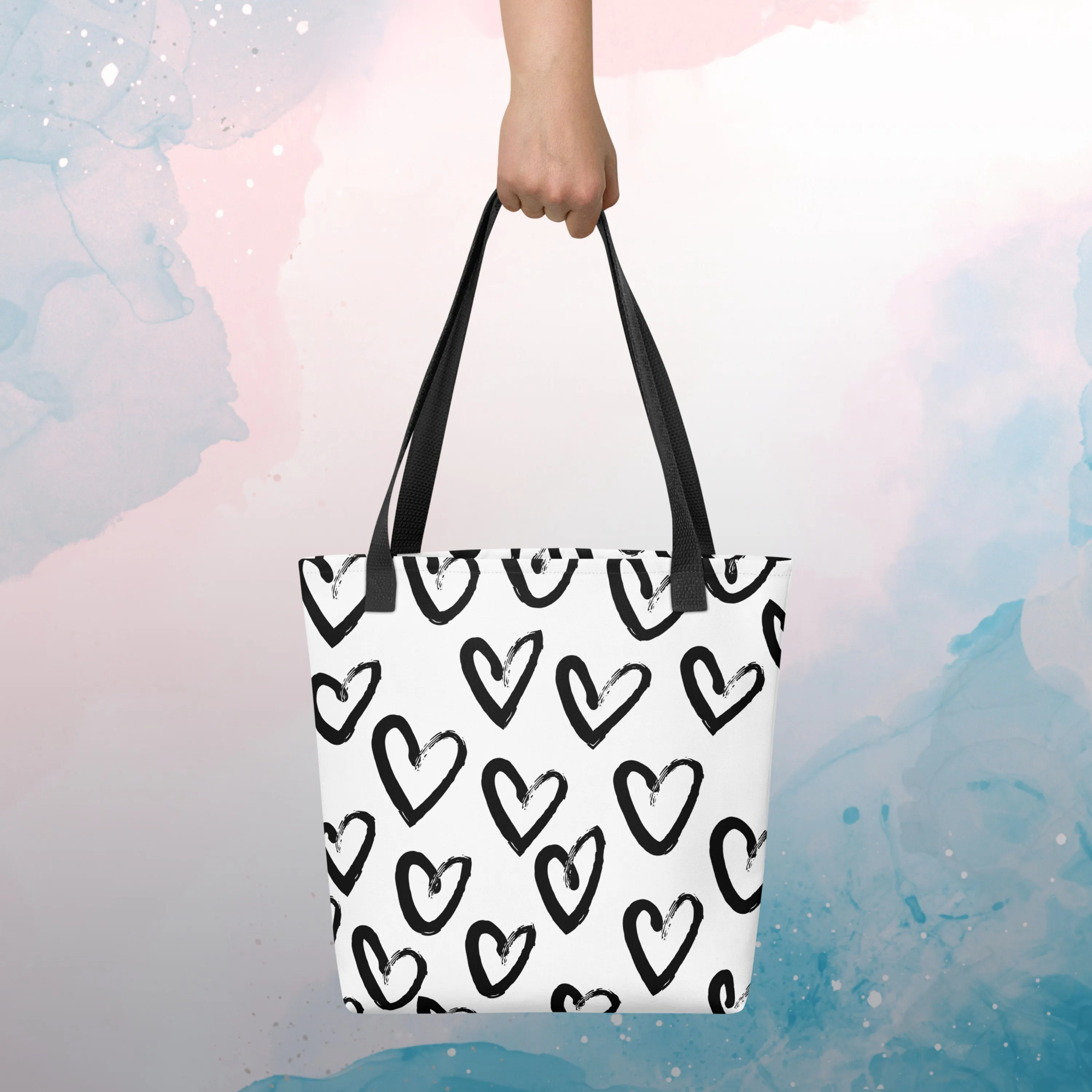 Brush Stroke Hearts Printed Canvas Tote Bag