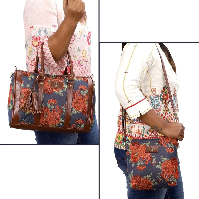 Combo: Linda Sling Bag & Lorna Handbag | Floral Design | 11 L | Navy Blue