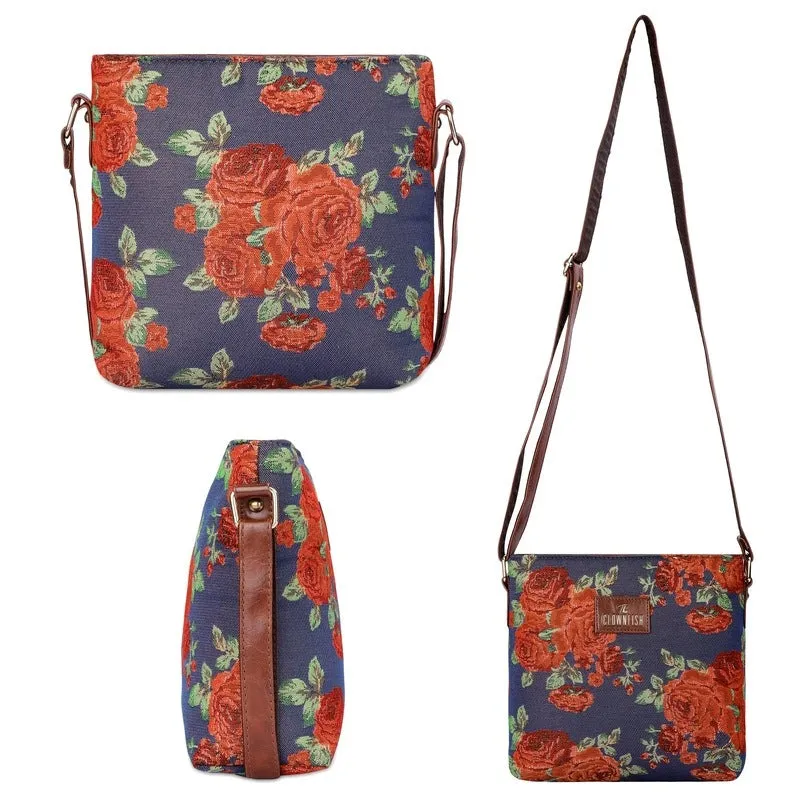 Combo: Linda Sling Bag & Lorna Handbag | Floral Design | 11 L | Navy Blue