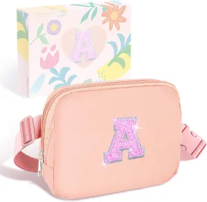 COSHAYSOO Pink Belt Bag Initial Fanny Pack Crossbody Purse for Girls 5-7 6-8 8-10 10-12 Personalized Easter Birthday Gifts for Daughter Big Little Sister Tween Flower Girl Girly Stuff Letter A