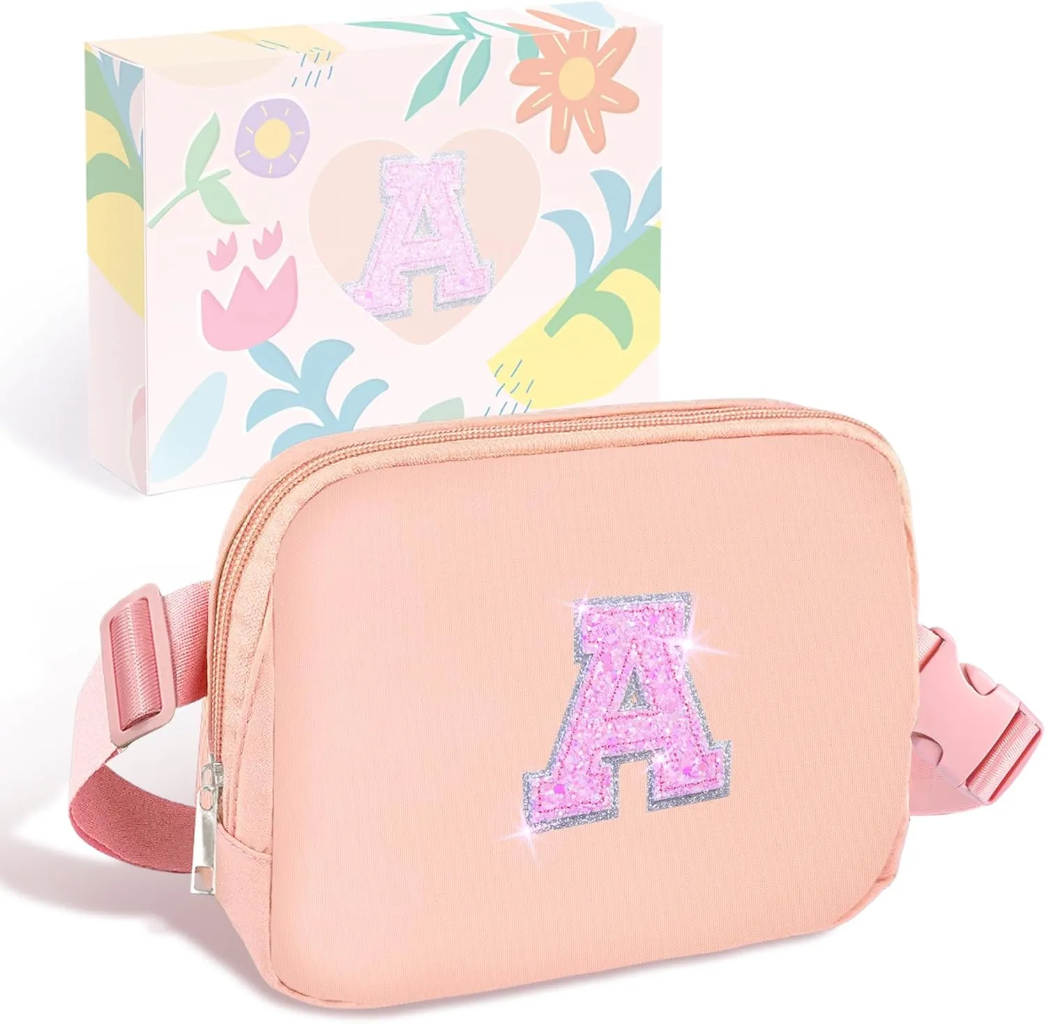 COSHAYSOO Pink Belt Bag Initial Fanny Pack Crossbody Purse for Girls 5-7 6-8 8-10 10-12 Personalized Easter Birthday Gifts for Daughter Big Little Sister Tween Flower Girl Girly Stuff Letter A