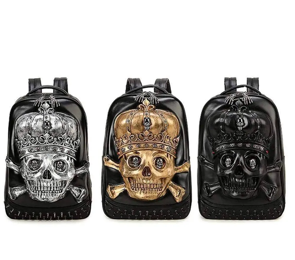 Fashion Punk Rivets Waterproof 3D Ghost Skull With Crown Backpack  Laptop
