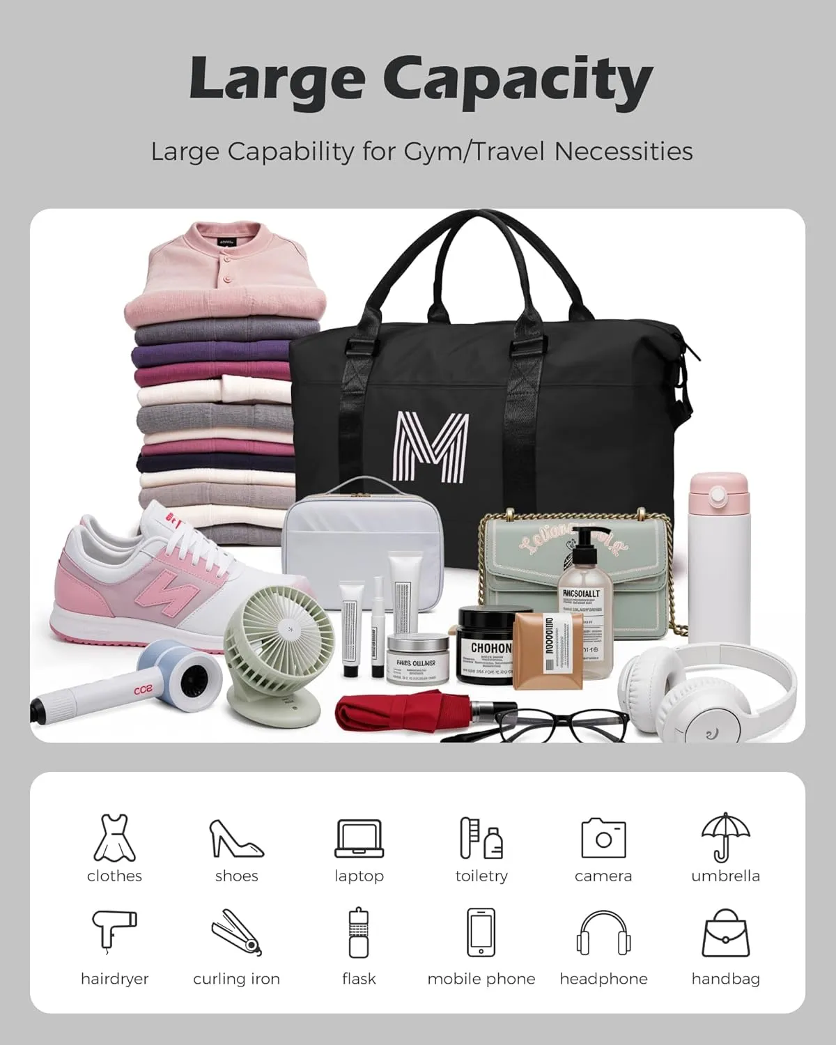 Gifts for Daughter 10 11 12 13 14 15 16 17 18 Year Old, Initial Travel Duffel Bag, Personalized Weekender Bag, Teen Girl Birthday Gift Cute Girly Stuff, Teen Girl Basket (Letter M)