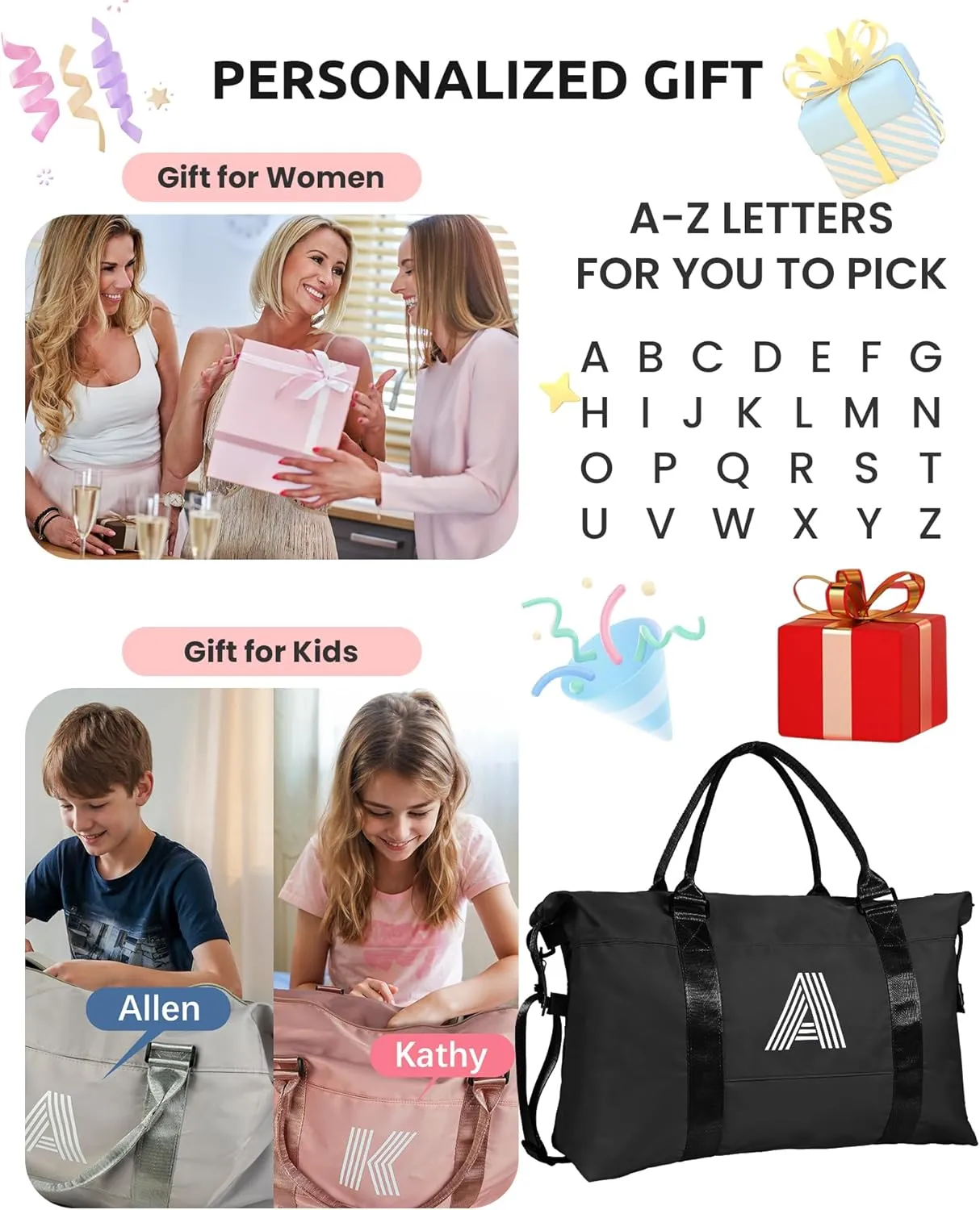 Gifts for Daughter 10 11 12 13 14 15 16 17 18 Year Old, Initial Travel Duffel Bag, Personalized Weekender Bag, Teen Girl Birthday Gift Cute Girly Stuff, Teen Girl Basket (Letter M)