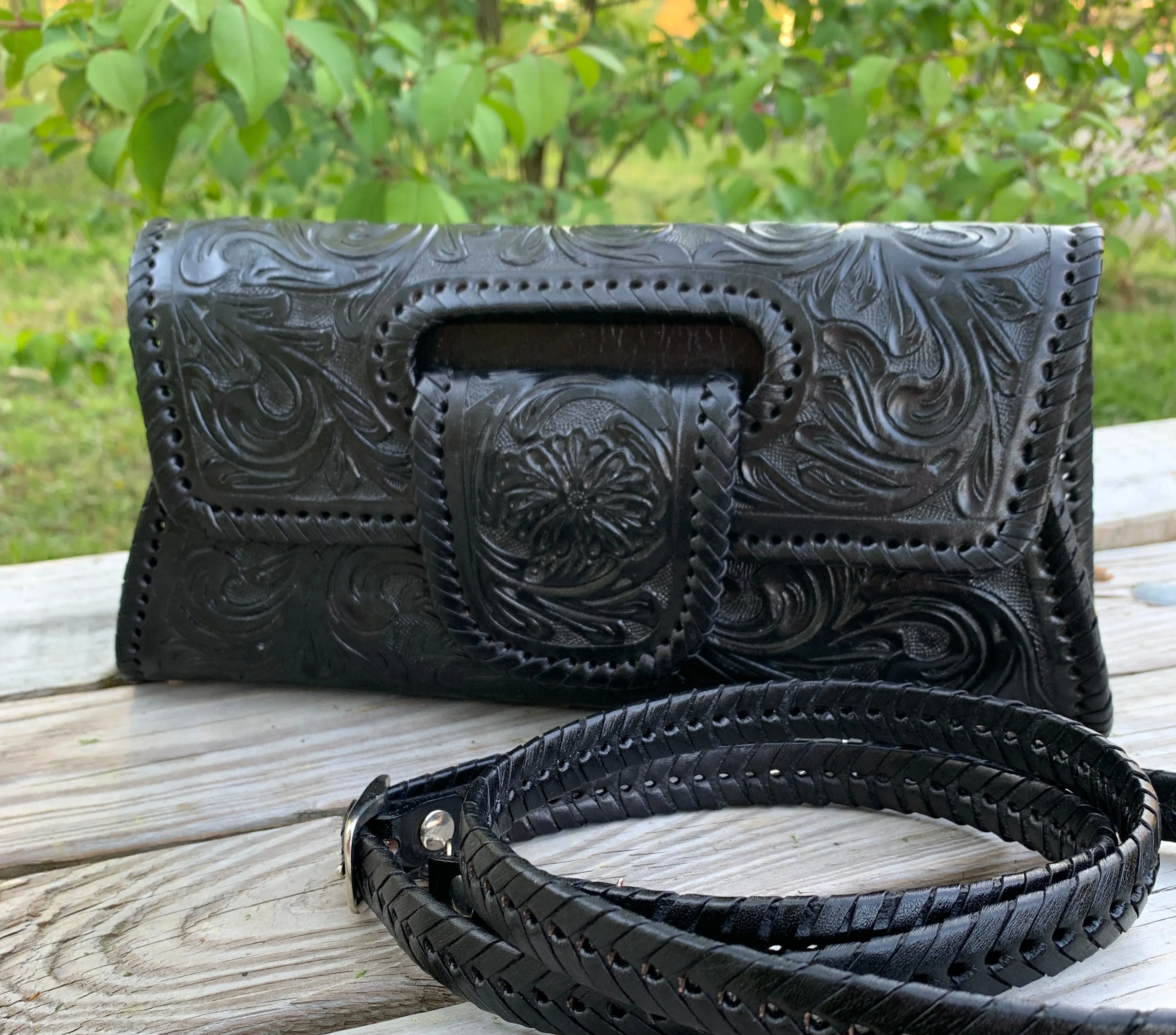 Hand-Tooled Leather Small Clutch & Crossbody "LENGUETA" by ALLE, more colors