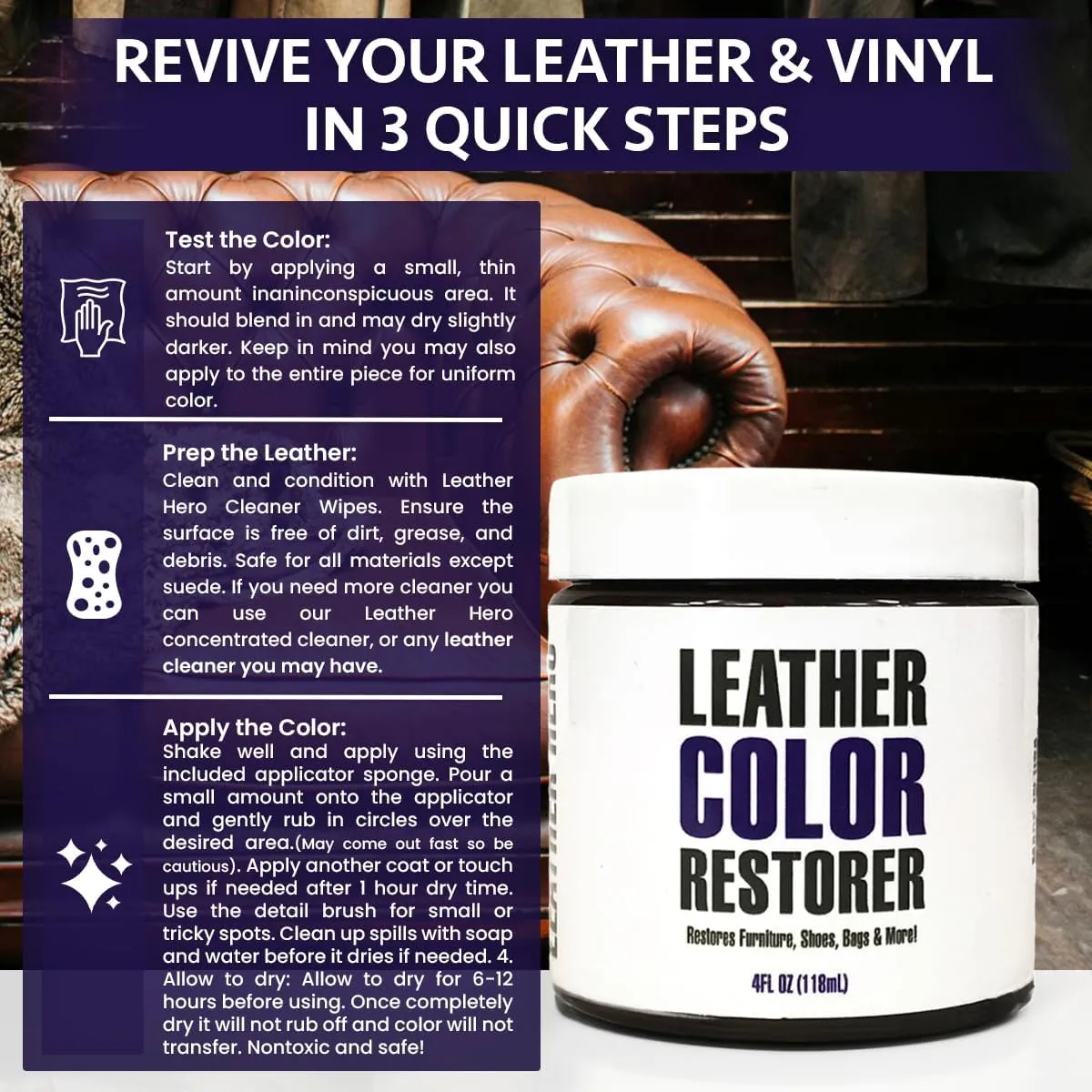 Leather Hero Leather Color Restorer for Couches, Leather Scratch Remover, Leather Couch Scratch Repair for Furniture and Car Seats - Complete Kit, Non-Toxic, Made in The USA (Black)