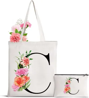 Letter Initial Canvas Tote Bag Personalized Present Bag Gift for Mother's Day Bridesmaids Bride Birthday Wedding