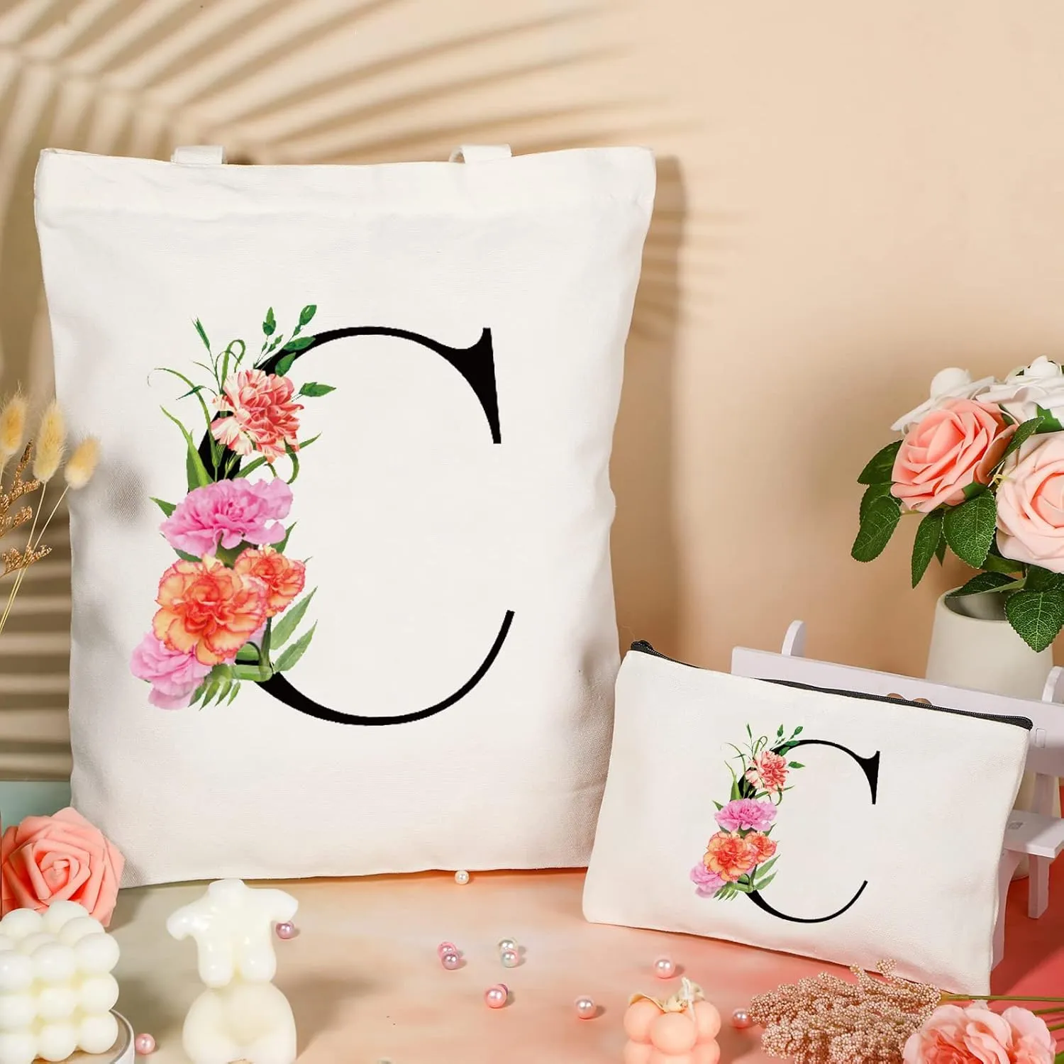 Letter Initial Canvas Tote Bag Personalized Present Bag Gift for Mother's Day Bridesmaids Bride Birthday Wedding