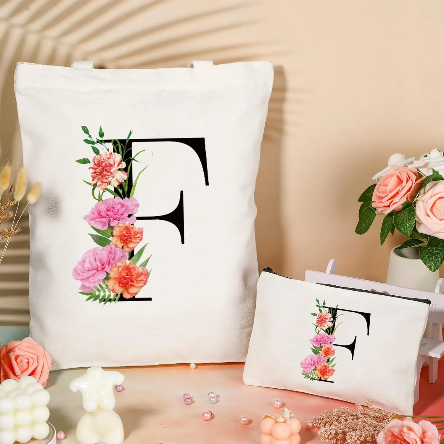 Letter Initial Canvas Tote Bag Personalized Present Bag Gift for Mother's Day Bridesmaids Bride Birthday Wedding