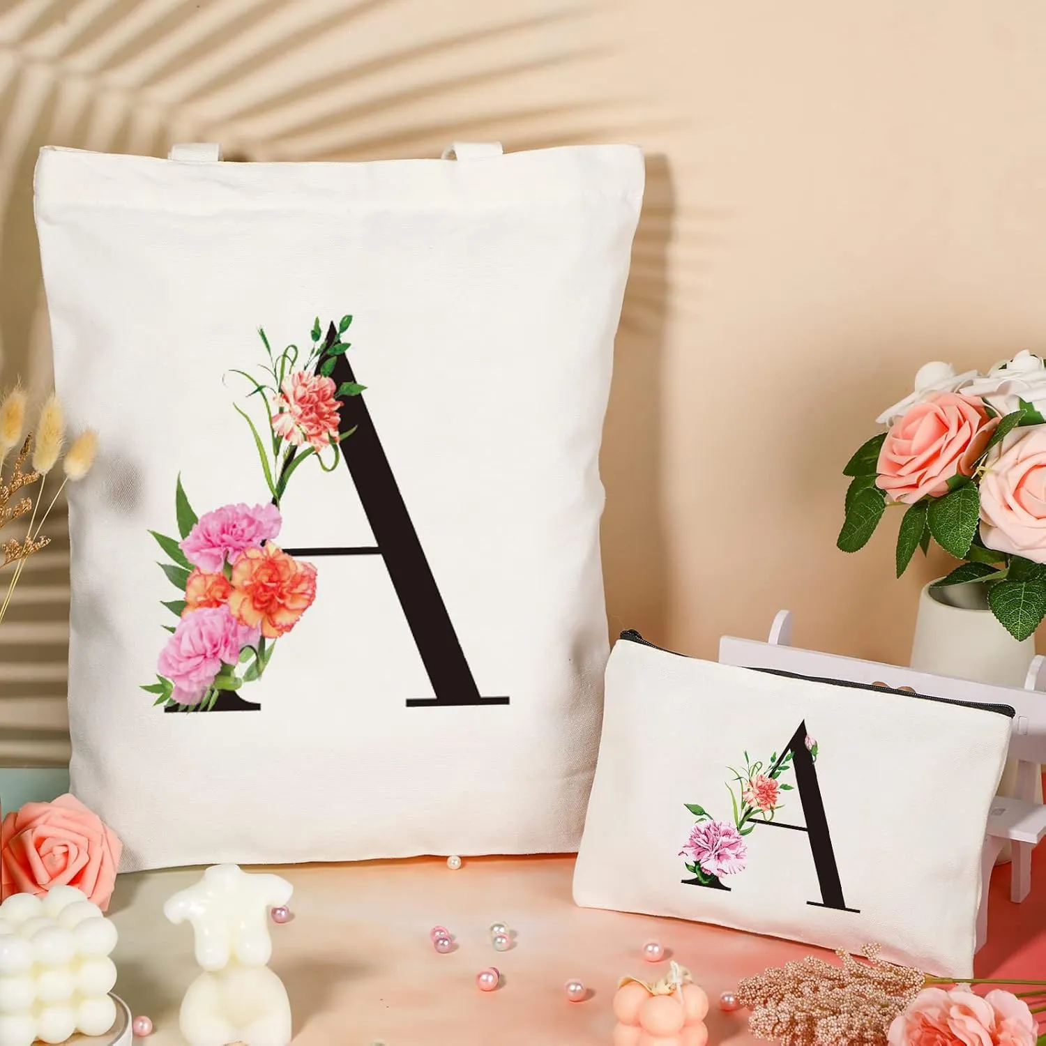 Letter Initial Canvas Tote Bag Personalized Present Bag Gift for Mother's Day Bridesmaids Bride Birthday Wedding