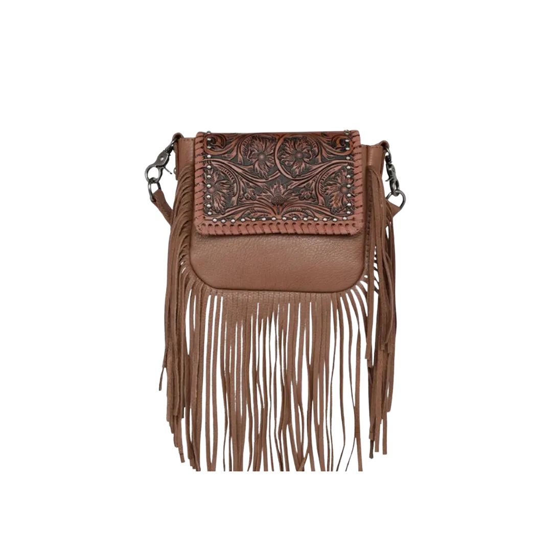 Montana West Women's Leather Tooled Fringe Brown Crossbody Bag