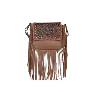 Montana West Women's Leather Tooled Fringe Brown Crossbody Bag