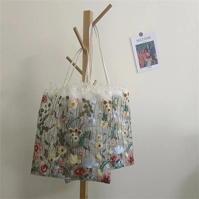 Summer New Style Embroidery Flowers Mesh Shoulder Tote Bags