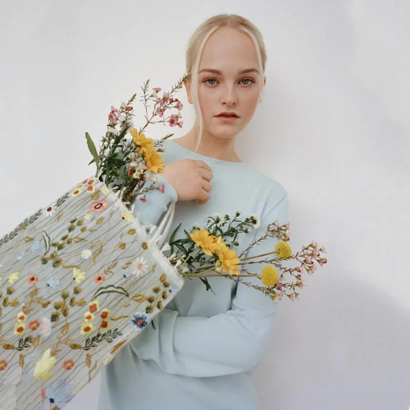 Summer New Style Embroidery Flowers Mesh Shoulder Tote Bags