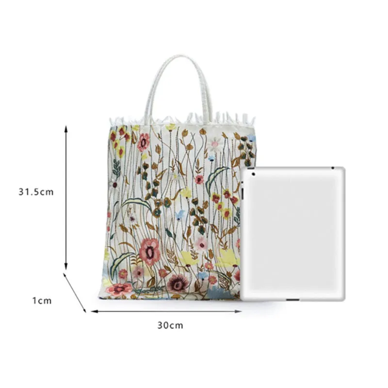 Summer New Style Embroidery Flowers Mesh Shoulder Tote Bags
