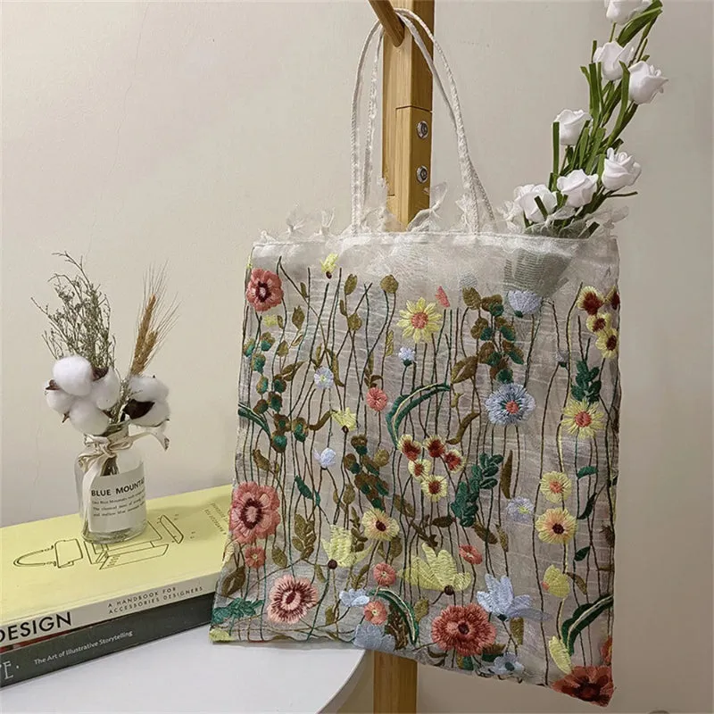 Summer New Style Embroidery Flowers Mesh Shoulder Tote Bags