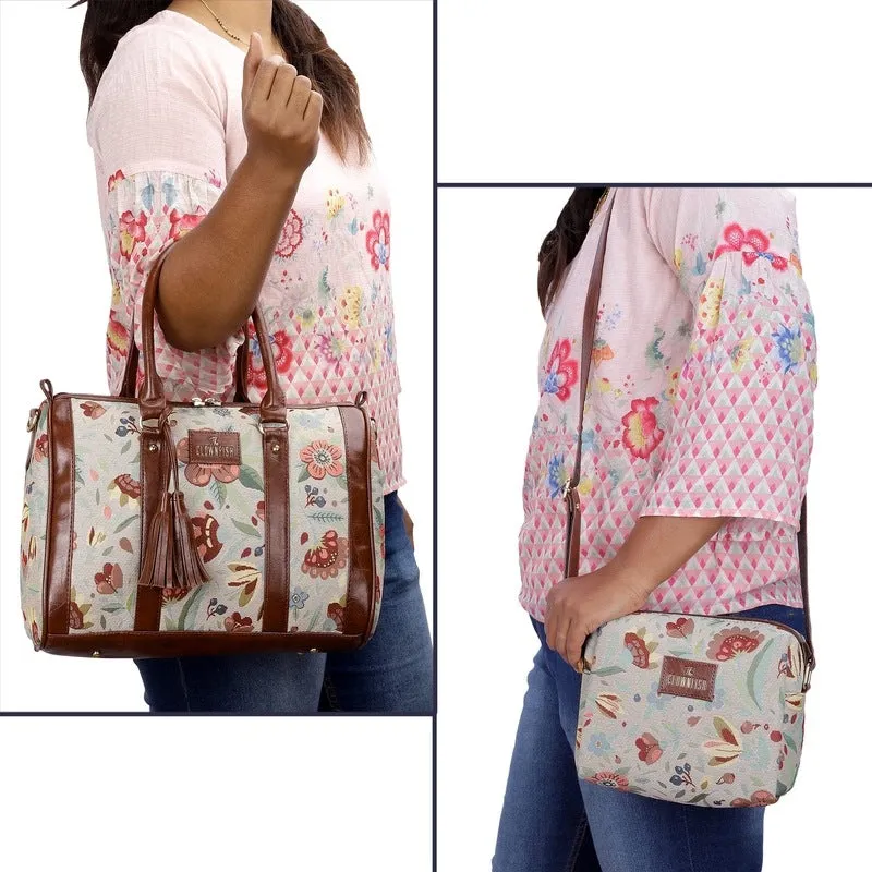 THE CLOWNFISH Combo Of Adelina Series Sling for Women Crossbody Bag for College Girls Lorna Tapestry Fabric & Faux Leather Handbag Sling Bag for Women (Sky Blue-Floral)