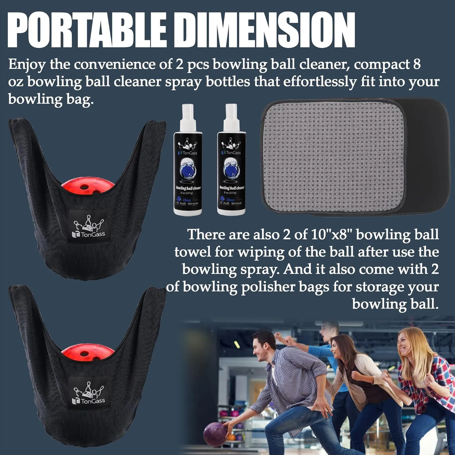 TonGass Combo Pack Bowling Ball Cleaner Spray Kit, 10"x8" Bowling Ball Towel with Easy-Grip Dots, Bowlings Polisher Bag for Storage, Portable Bowlings Cleaner Set - Oil Scuff Mark Cleaners