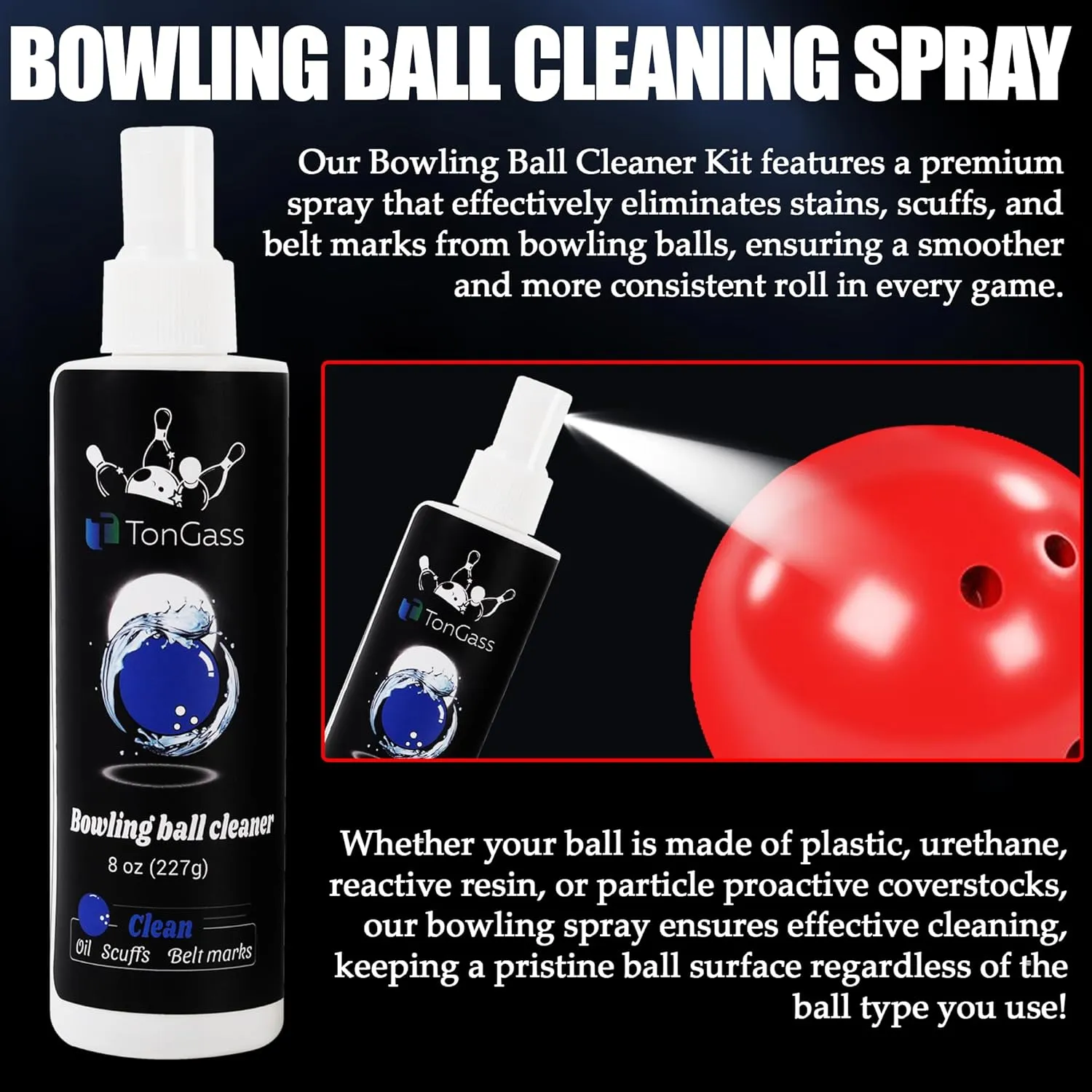 TonGass Combo Pack Bowling Ball Cleaner Spray Kit, 10"x8" Bowling Ball Towel with Easy-Grip Dots, Bowlings Polisher Bag for Storage, Portable Bowlings Cleaner Set - Oil Scuff Mark Cleaners