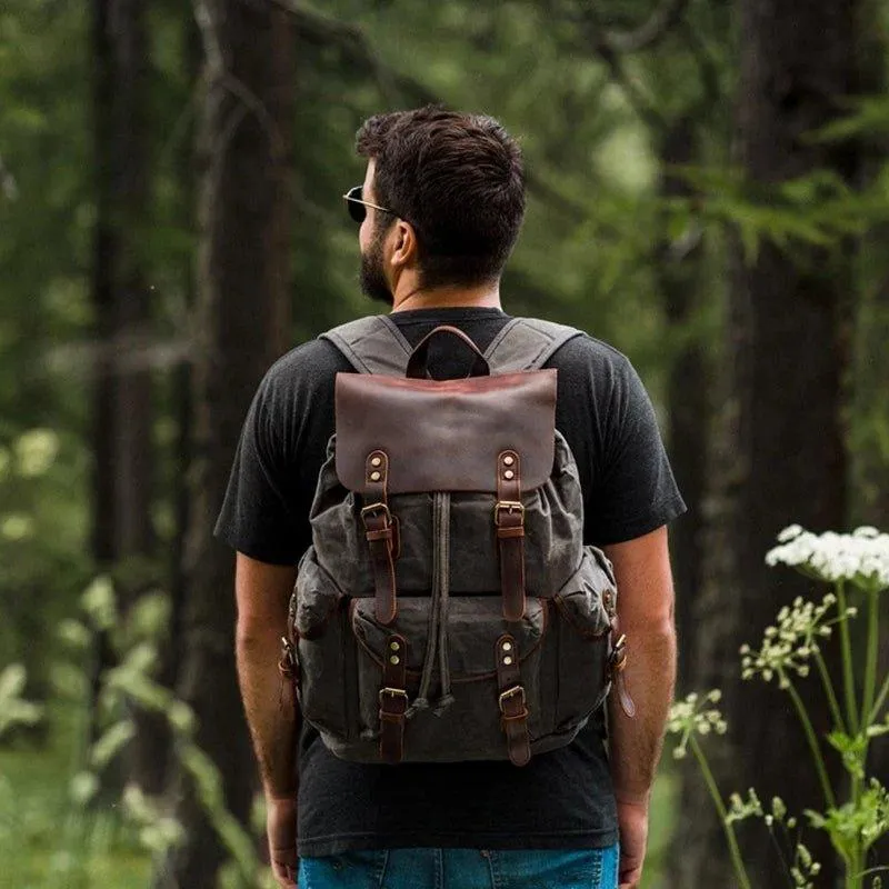 Vintage Waxed Canvas and Leather Backpack Mens-Khaki